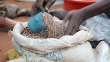 scooping beans in a Uganda market 