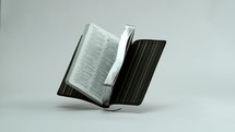 open falling Bible on white background.