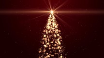Bright Christmas tree with twinkling lights and snowflakes floating on red background. 
