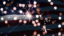 Happy 4th of July Independence Day with hand holding sparklers and American flag in background. Independence, Memorial, Celebration, Fireworks concept. Seamless looping 4k