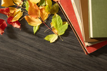Vintage books with autumn leaves on a dark wood background
