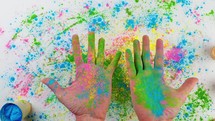 Hands Touching Holi Colored Powder On White