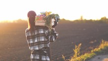 Organic Vegetables. Woman farmer carry wooden box with fresh organic vegetables. Harvest agriculture industry concept. Organic farm food harvest. Producing Food And Crops. Agriculture Industry.