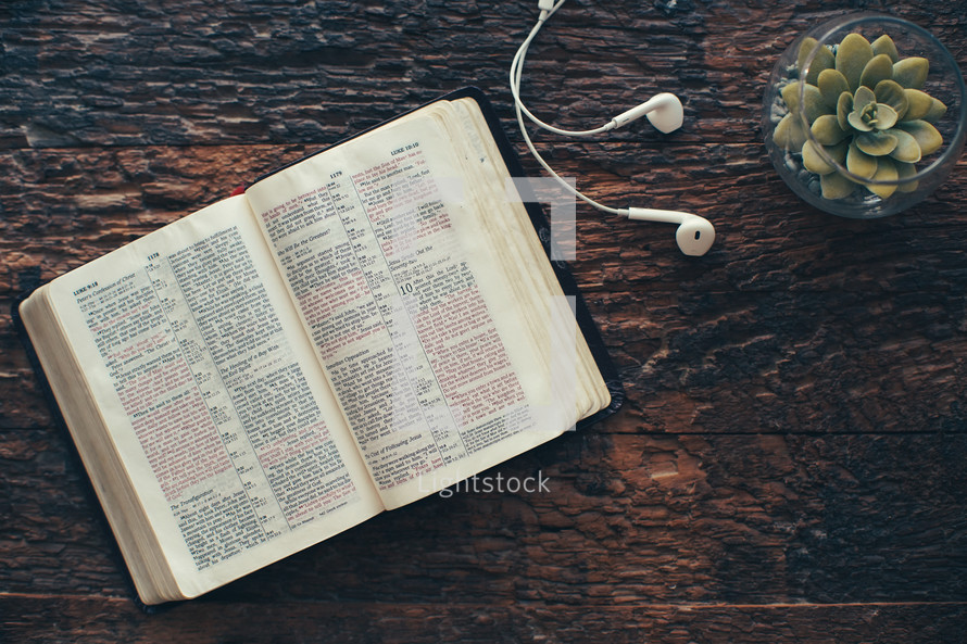 open Bible, earbuds, and houseplant on a wood background 