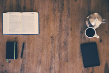coffee mug, coffee, mug, wood floor, Bible, open Bible, journal, book, pen 