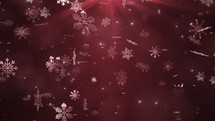 Beautiful snowflakes falling on red background. Winter, Christmas, New Years, Holidays background. Seamless looping 4k