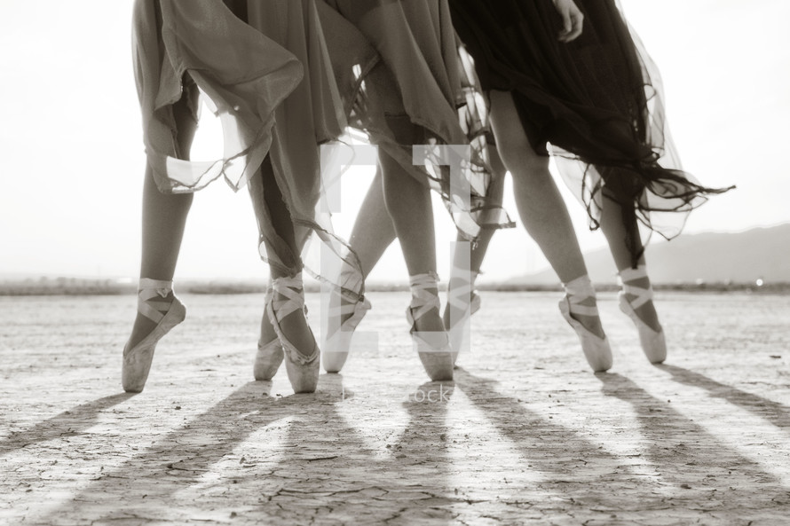 ballerinas in toe shoes dancing in the sand 