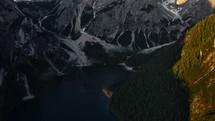 Birds eye view of Lago di Braies during sunrise