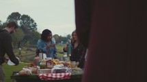 a group standing around a picnic table getting food 
