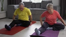 Mature couple performing stretching exercise together on the yoga mat at home.