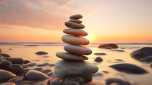 Stacked tower of stones at sunset on the beach. 