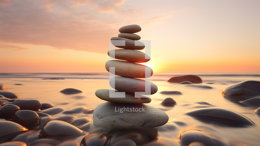 Stacked tower of stones at sunset on the beach. 