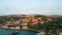Sunset Aerial drone image, istanbul Turkey, Bosporus. Showing Turkish Flag.
