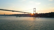 Sunset Aerial drone image, istanbul Turkey, Bosporus. Showing Turkish Flag.
