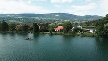 Aerial of a boat on river Aare in Switzerland