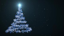 Glowing blue Christmas tree animation with globes and snowflakes garland on blue. Holiday concept and background 4k