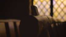 Old Wood Chapel Pew and Stained Glass