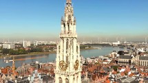Close up of the North tower of the Cathedral of Our Lady, Antwerp, Belgium. Aerial view