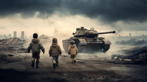 Three children playing among tanks during a military conflict in Eastern Europe. War concept