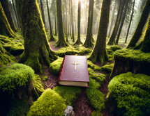 Scene of a Bible in a mossy green forest