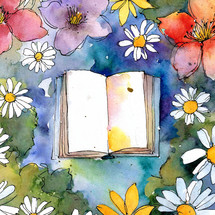 Top view of a blank book on a colorful watercolor flowery scene