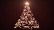 Glowing golden Christmas tree animation with globes and snowflakes garland on red. Holiday concept and background 4k