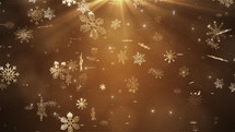 Beautiful snowflakes falling on golden background. Winter, Christmas, New Years, Holidays background. Seamless looping 4k