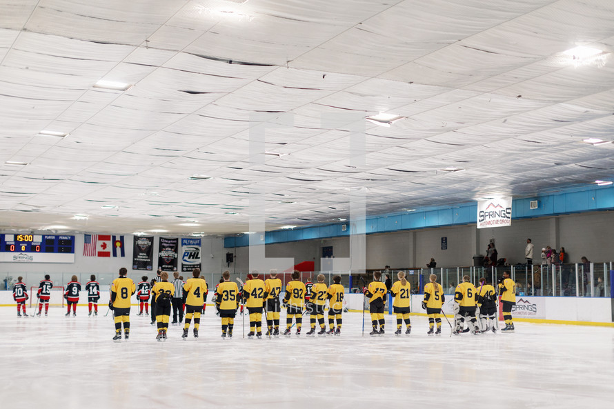 hockey team standing for national anthem 