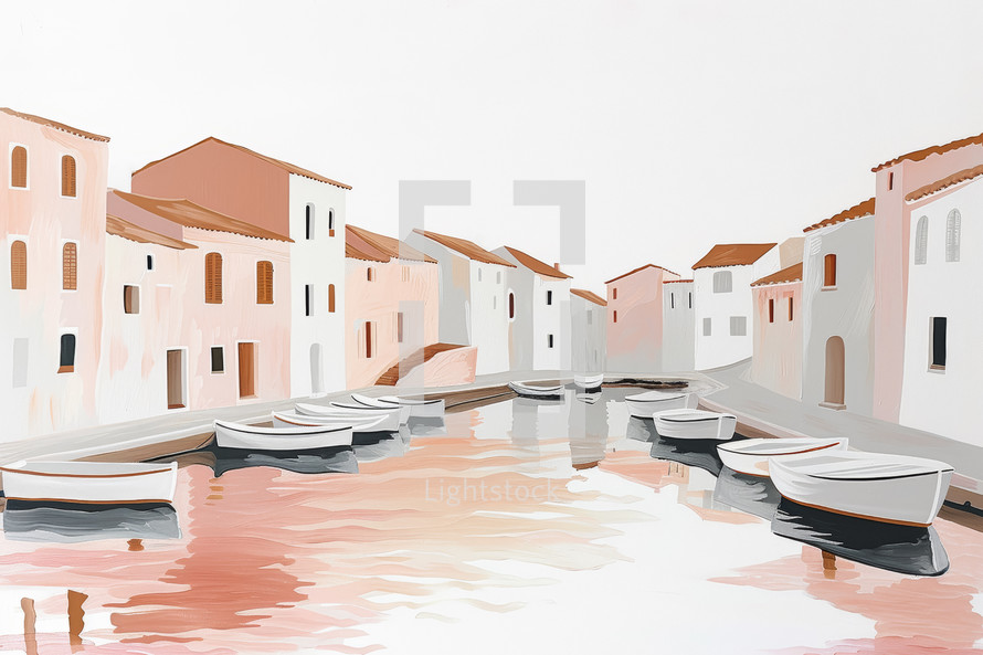 Minimalist canal scene painting, boats moored along waterway, pastel buildings, modern simplicity.