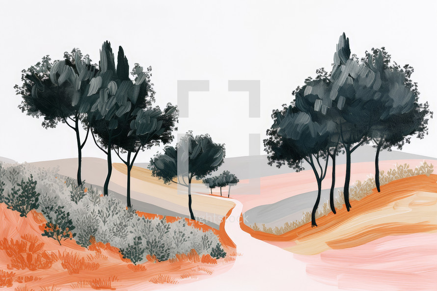 Stylized landscape painting with trees and winding path, minimalist, earth tones.