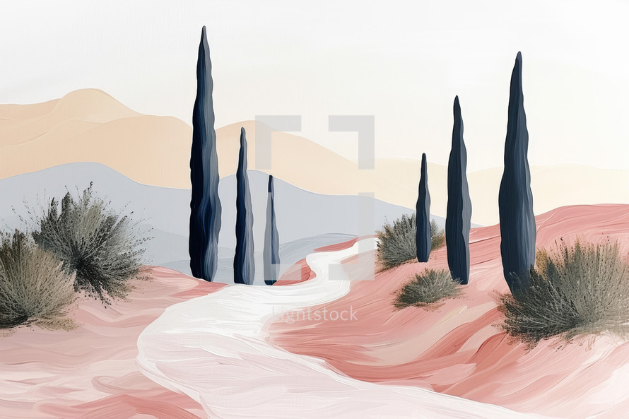 Minimalist desert landscape painting, winding path, cypress trees, soft color palette.