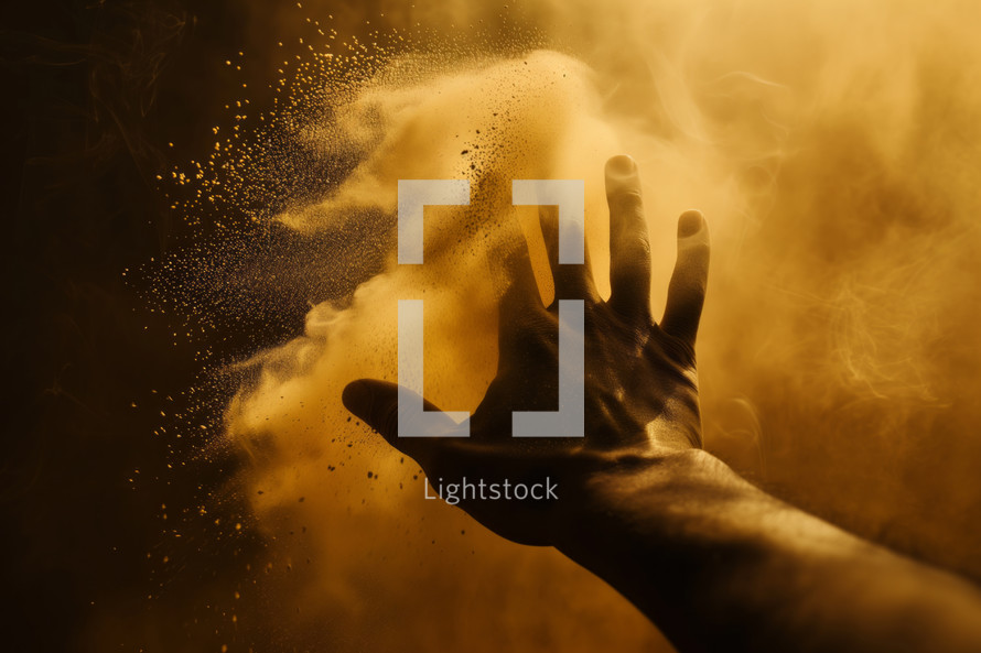 AI. Hand amidst golden dust and smoke