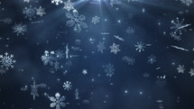snowflakes falling on blue background. Winter, Christmas, New Years, Holidays background. Seamless looping 4k