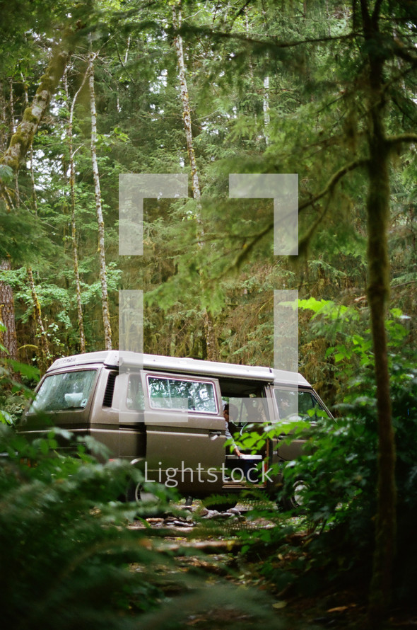 van parked in an evergreen forest 