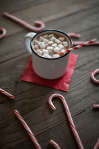 ndy canes, wood floor, spread out, holidays, background, Christmas, wood table, mug, hot cocoa, hot chocolate 