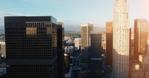 Cinematic urban aerial time lapse of downtown Los Angeles skyline. 