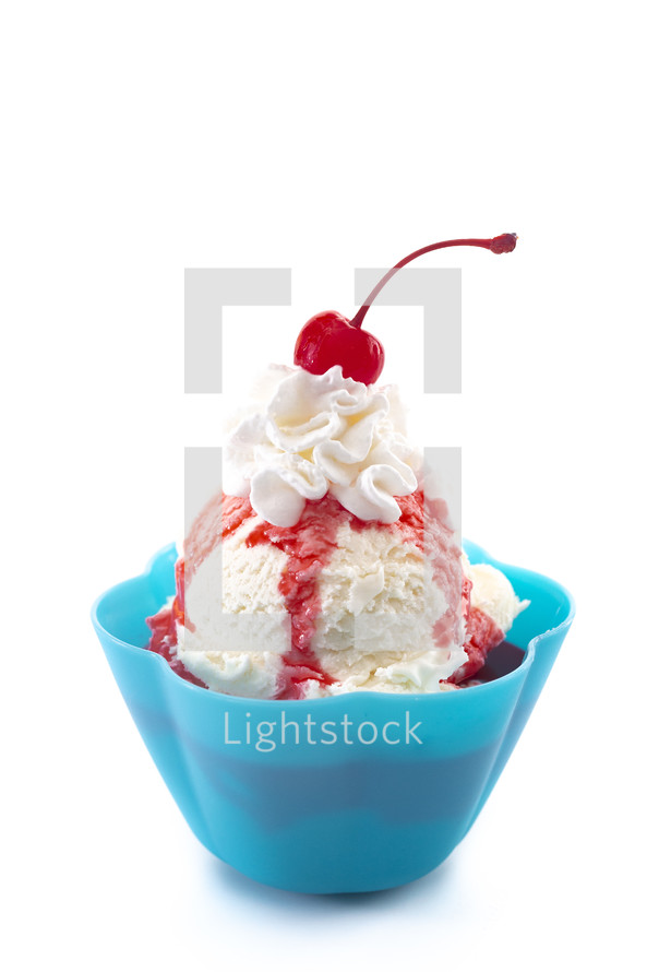 vanilla ice cream and cherry syrup 