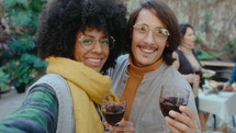 Happy Latin couple standing together in the backyard on autumn day, smiling and posing for camera with red wine during barbecue party. POV shot, video portrait
