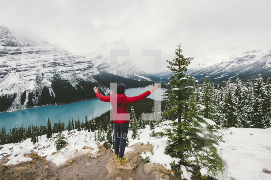 evergreen forest around Peyto lake in winter and person with outstretched arms 