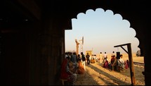 view, women, men, standing, desert, temple, window, India, market