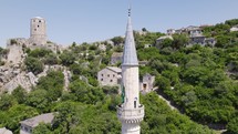 Close-up aerial orbit Sisman Ibrahim Pasha Mosque, Pocitelj, Bosnia and Herzegovina