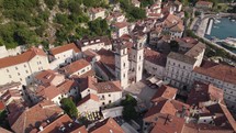 Aerial: St. Tryphon's Cathedral, Kotor, Montenegro with surrounding town