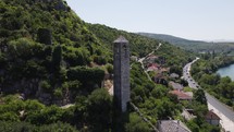 Aerial panoramic: Sahat Kula Tower, Počitelj, Bosnia and Herzegovina