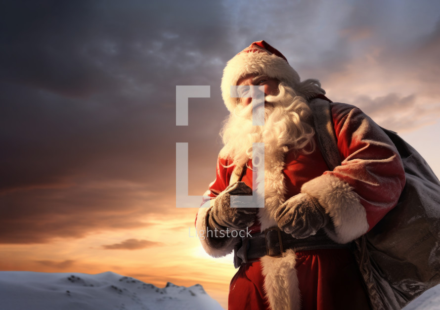 AI generative images. Santa Claus carrying sack of gifts in a snow rocky landscape