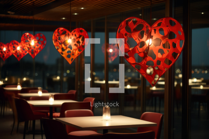AI Generated Image. Restaurant interior decorated with hearts for Valentine’s Day