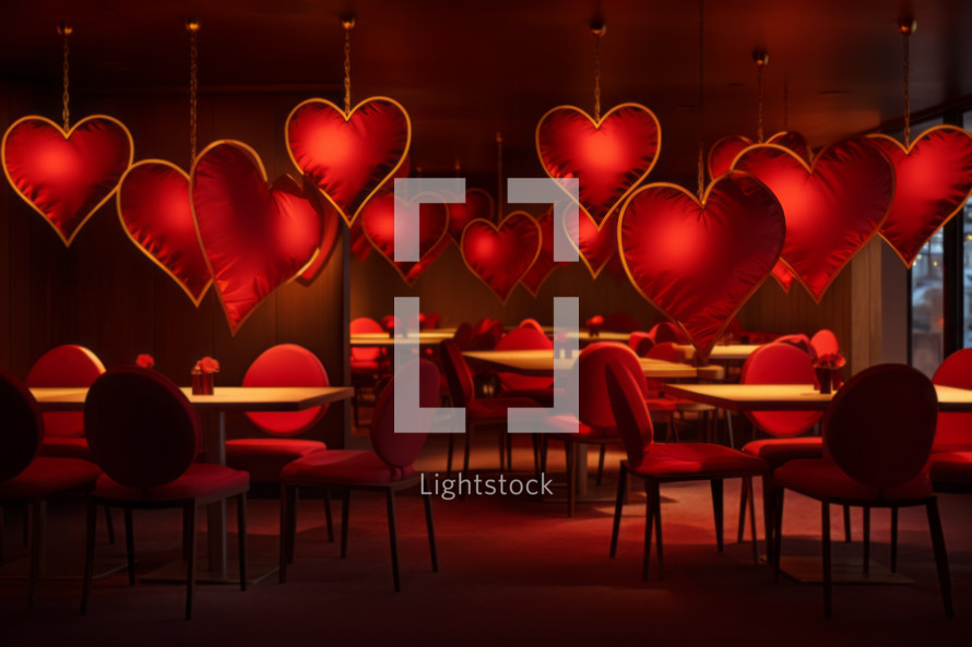 AI Generated Image. Restaurant interior decorated with hearts for Valentine’s Day