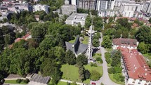 Aerial orbit abstract roman catholic Cathedral of Saint Bonaventure, Banja Luka