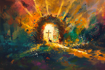 A stylized painting of the cross inside the empty tomb with the lamb of God in the forefront and sun rays erupting forth