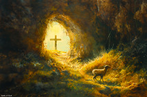 A painting of the cross inside the empty tomb with light pouring through to shine on the lamb of God