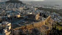 Drone Sunrise aerial over the temple of the Parthenon in Athens Greece